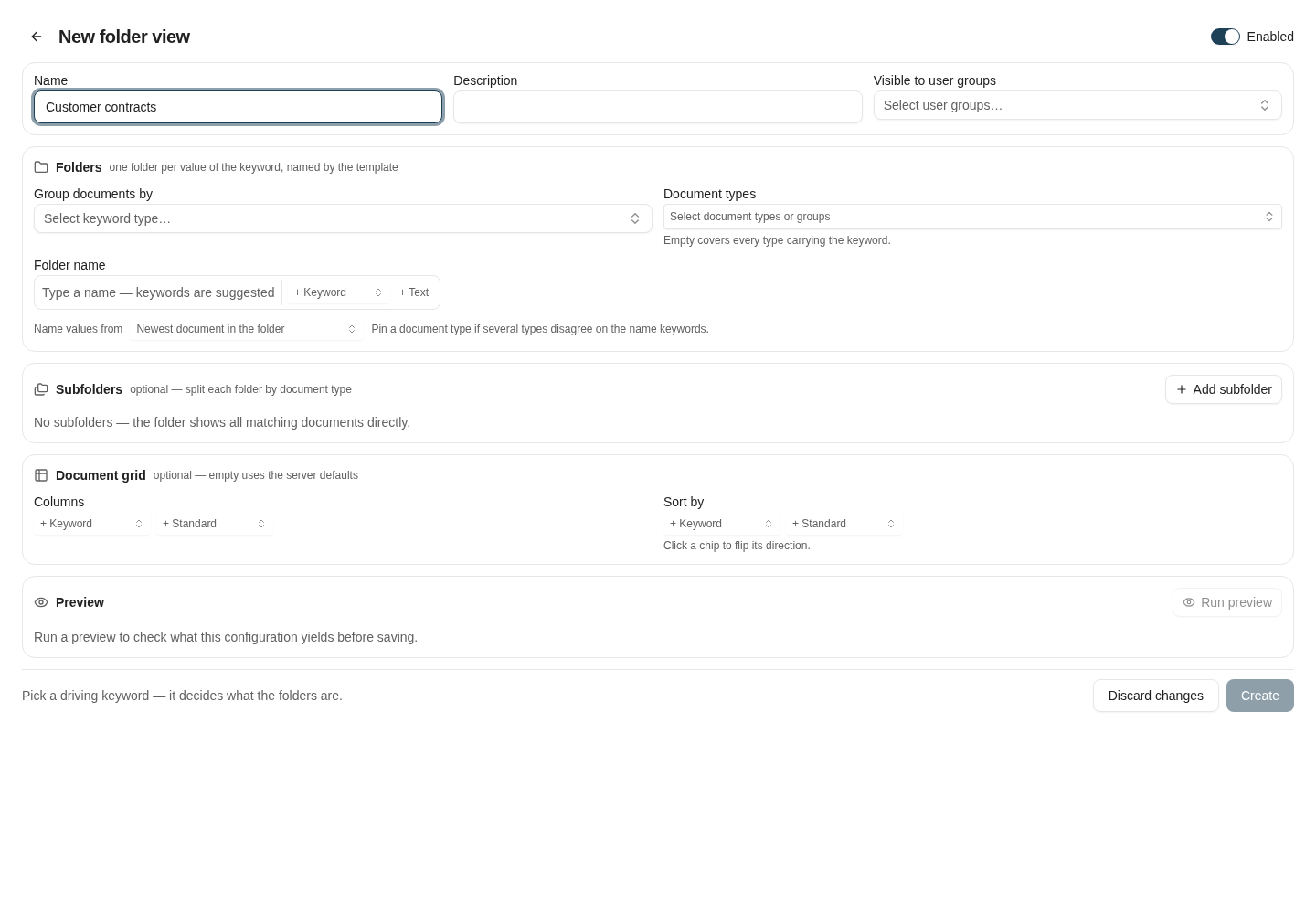 Start a folder view by selecting its driving keyword and document scope; then configure subfolders and preview.