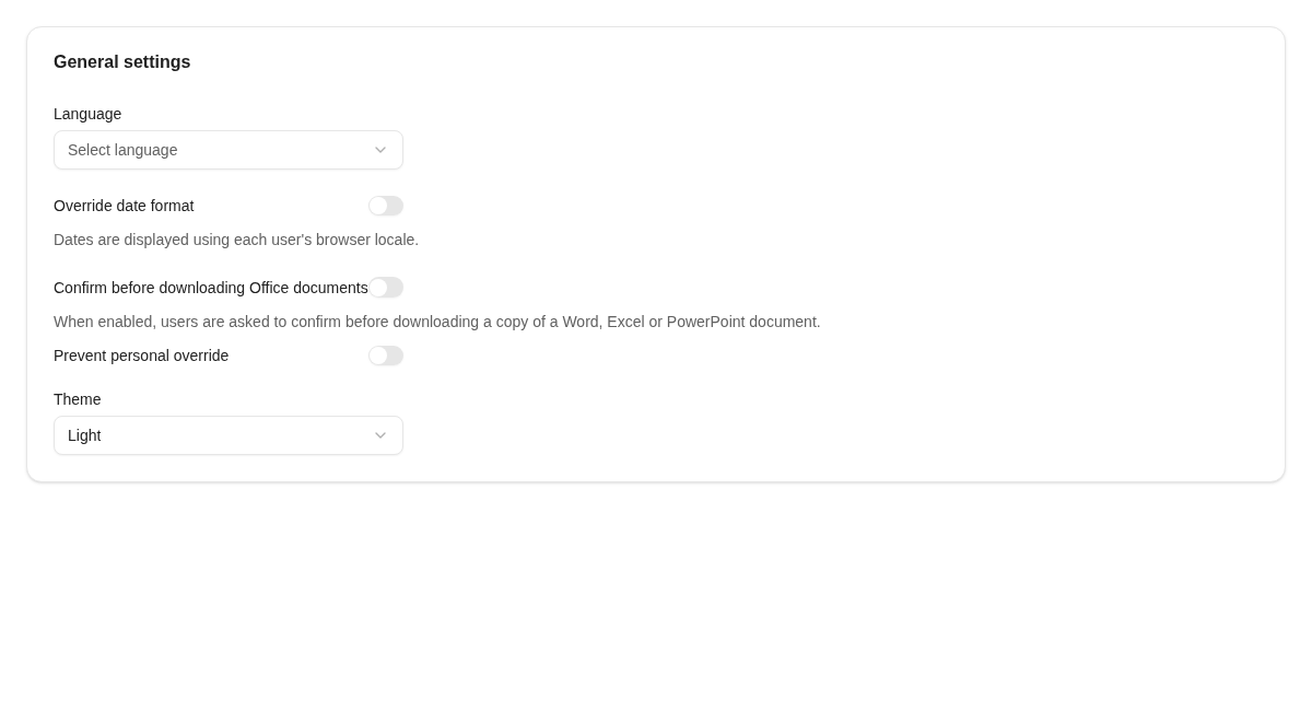 Shared settings include display preferences and Office-download confirmation, with a personal-override control.