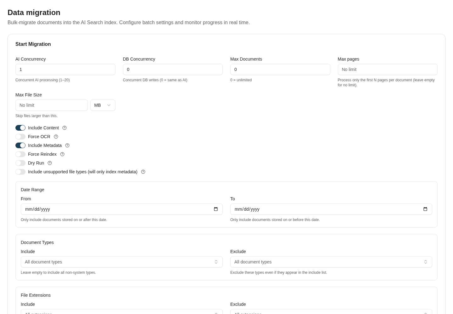Bulk migration exposes limits, dry-run selection, content options, and document filters. Set a bounded scope before starting.