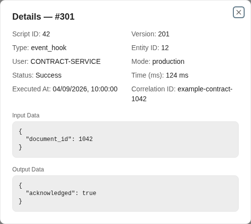 An execution detail identifies the script version, caller, status, correlation ID, input, and output.