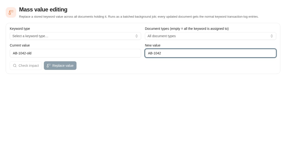 Choose the keyword and document scope, enter the old and new values, then check impact before replacing.