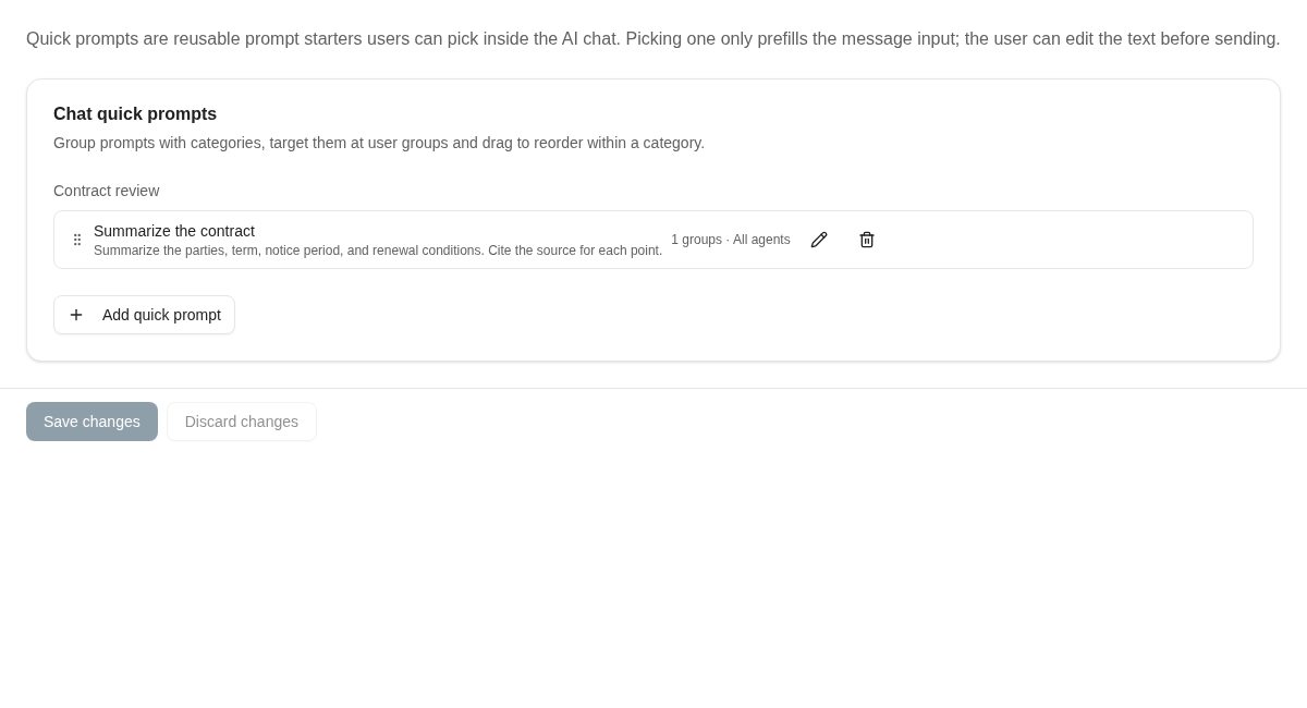 Quick prompts provide editable conversation starters, with categories and group targeting.