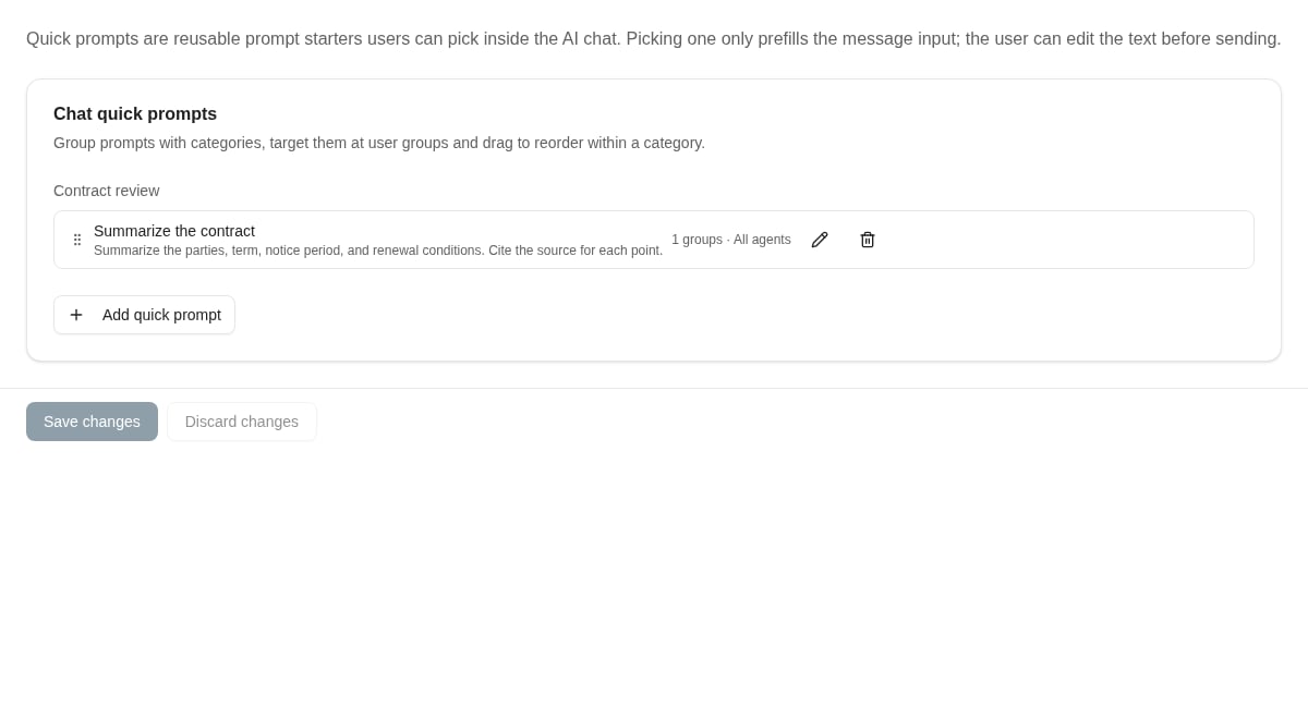 Quick prompts provide editable conversation starters, with categories and group targeting.