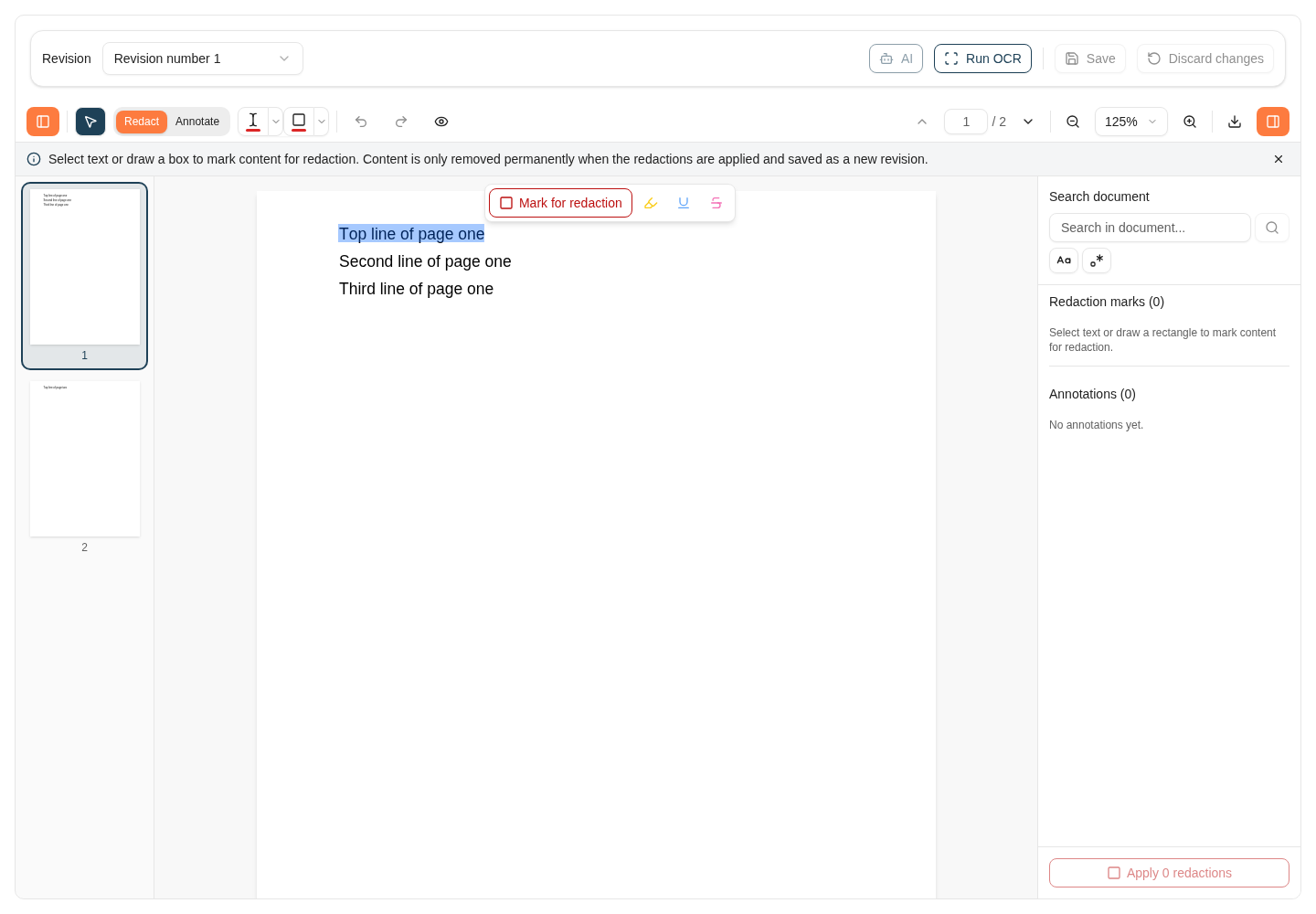 Selecting text in the redaction viewer exposes actions for the selection. Review the redaction before saving or exporting.