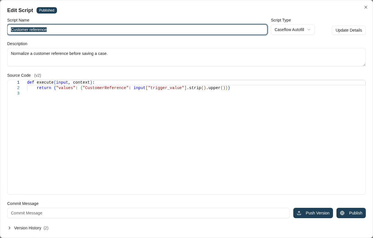 The script editor separates script details, source code, and saving a version.