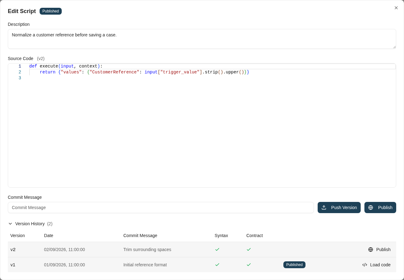 Version History identifies validation results and the saved version selected for publication or rollback.