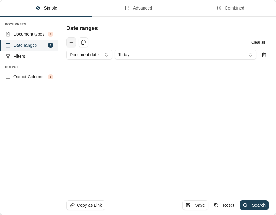 A structured search with a Contract document type and a document-date preset.