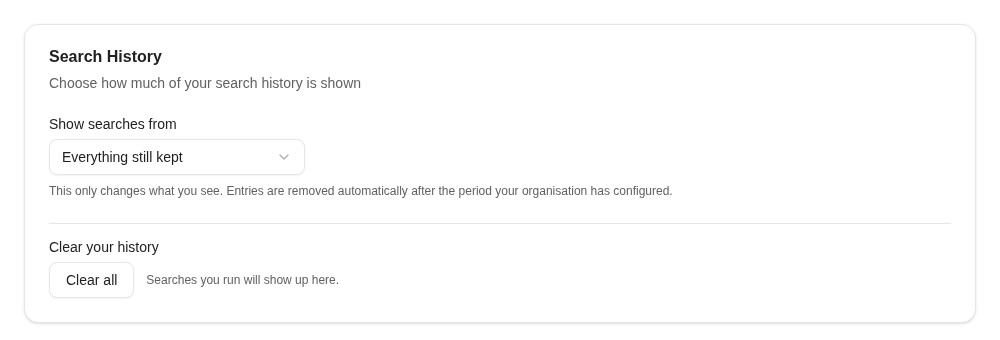 Search History settings with Show searches from and Clear all controls