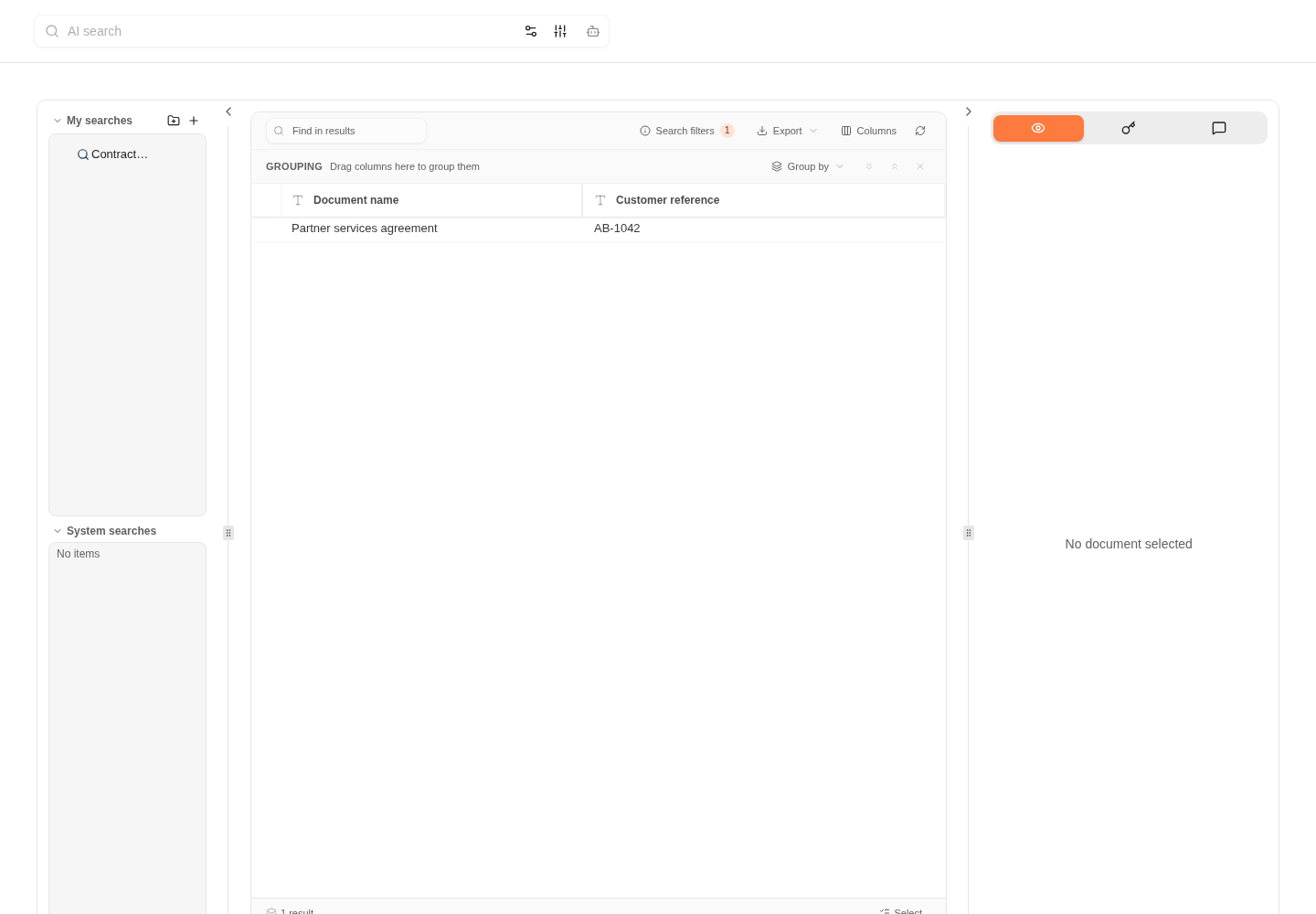 Results show the document name and customer reference so you can identify the correct contract.
