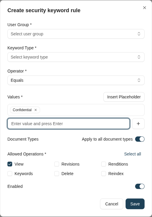 A rule combines a group, keyword condition, document scope, and allowed operations. Complete all required selections before saving.