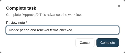 The task form presents the required input defined on the transition.
