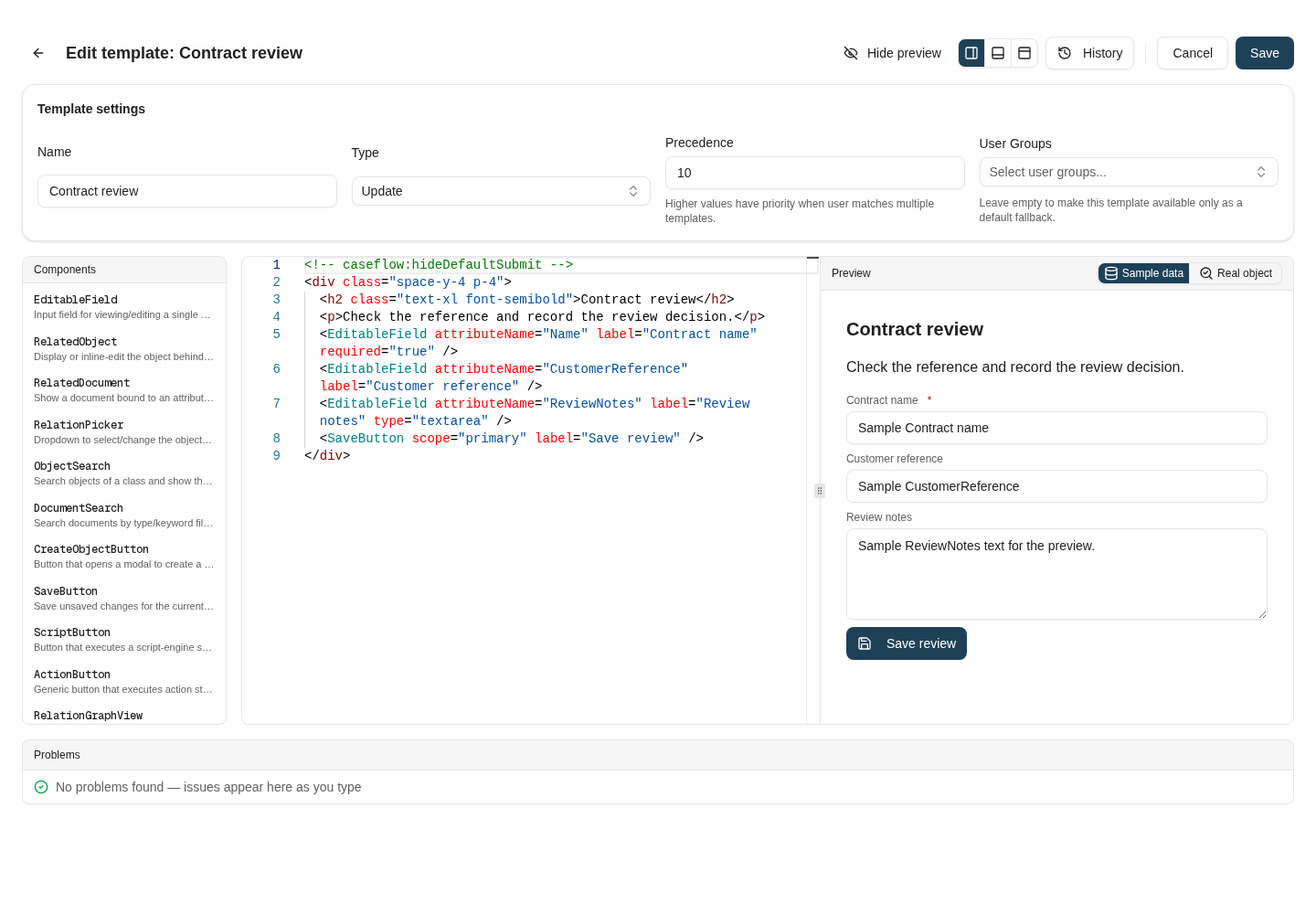 The complete example beside its generated sample-data preview. Save review is blocked in preview.