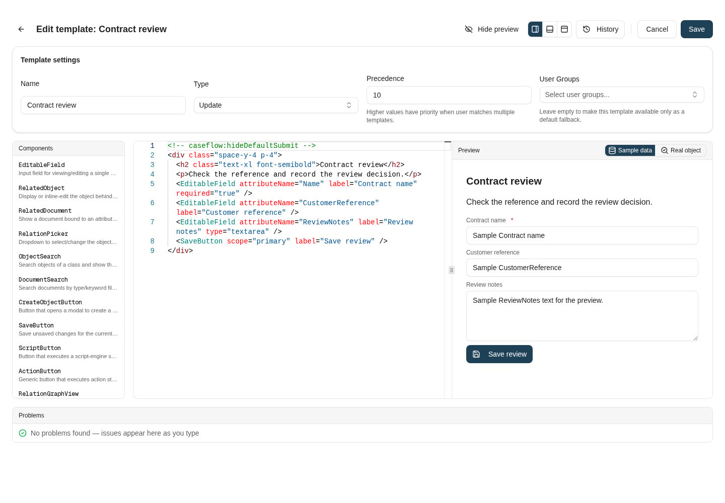 The complete example beside its generated sample-data preview. Save review is blocked in preview.