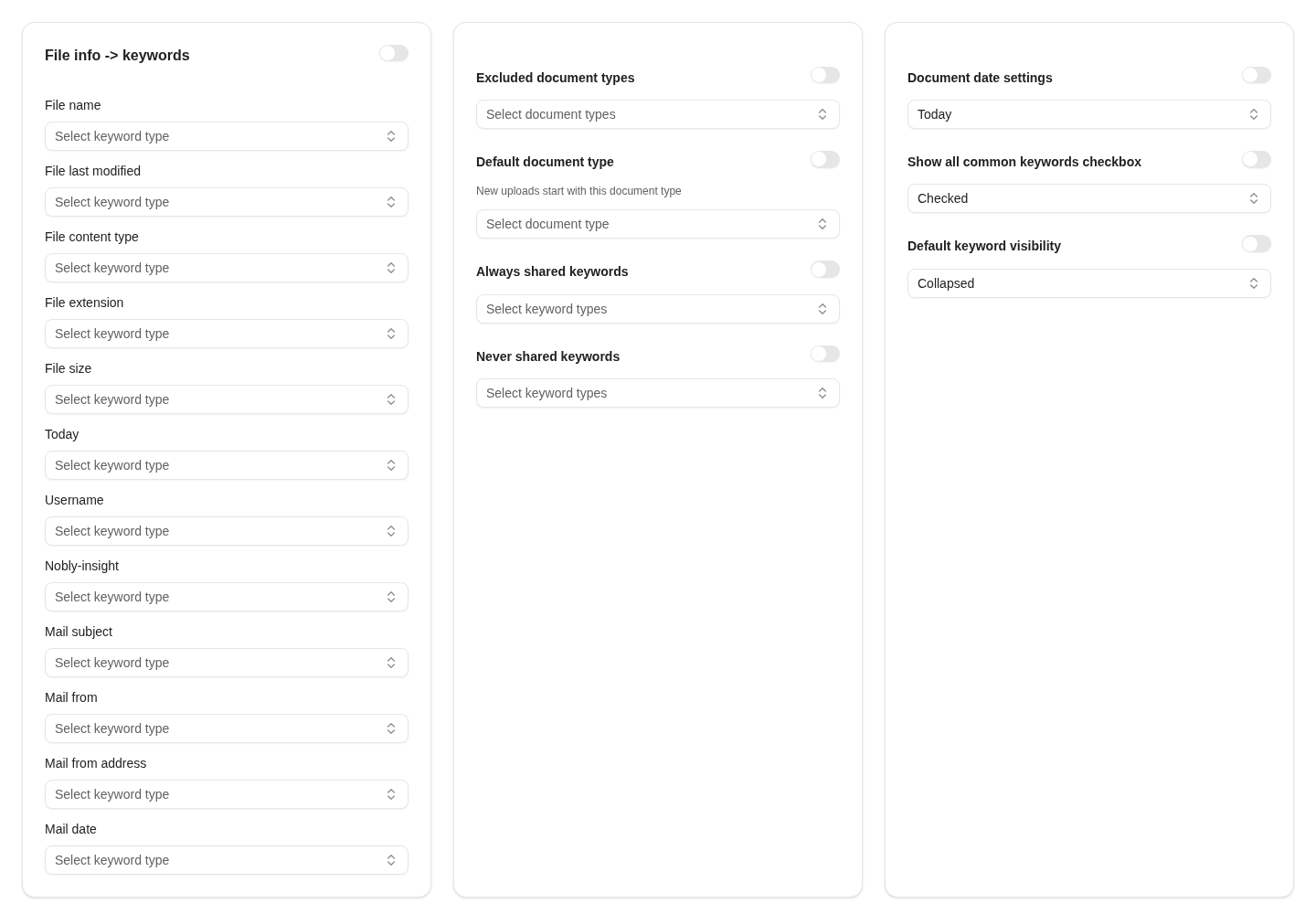 Upload settings group file-to-keyword mapping, document type defaults, and shared keyword behavior.