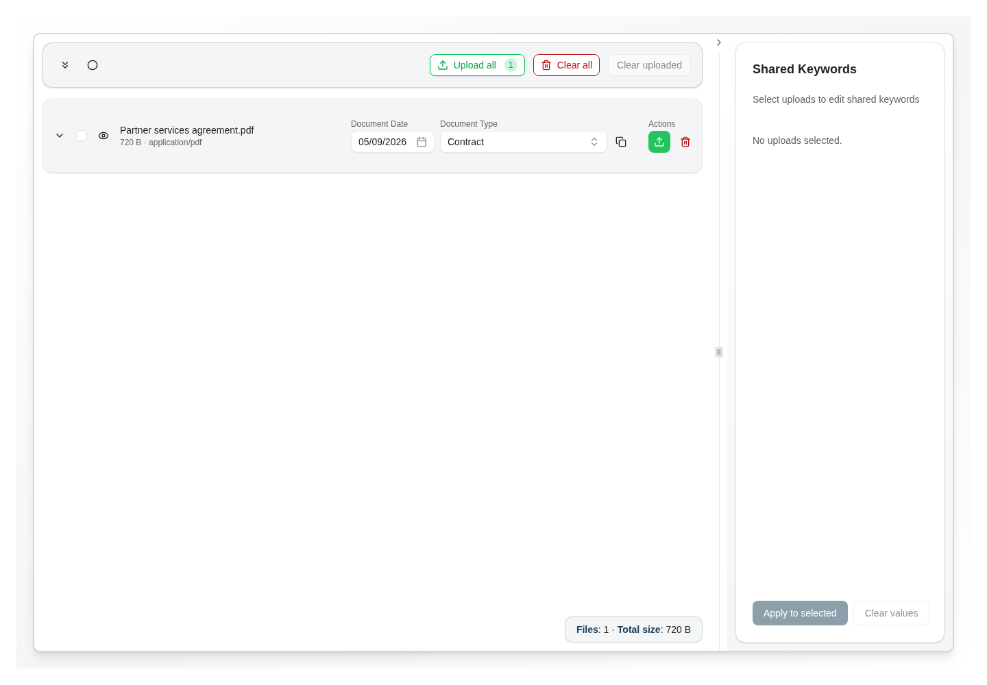 A selected file is staged for upload. Review its document type, date, and keywords before uploading.