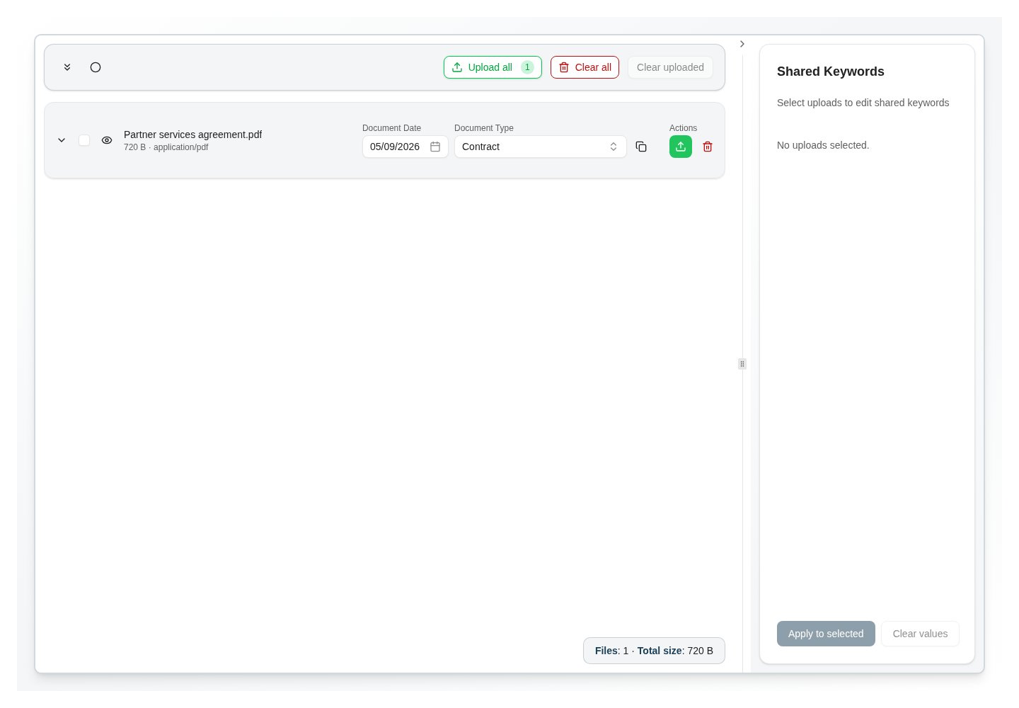 A selected file is staged for upload. Review its document type, date, and keywords before uploading.