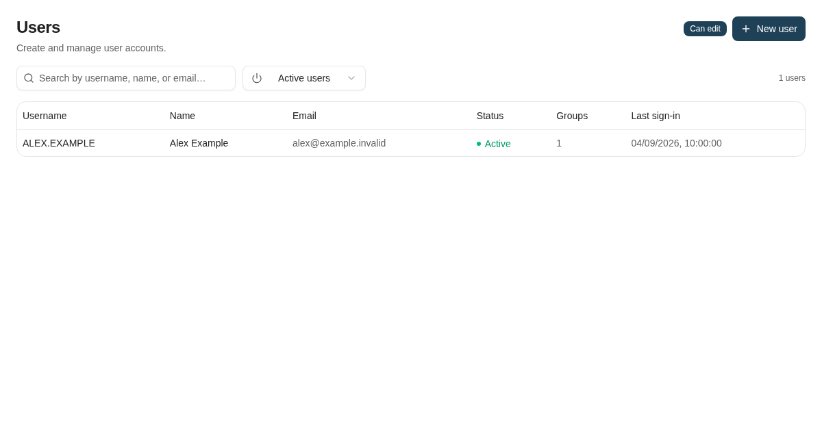 The user list exposes account status, group count, and last sign-in before you open a user.