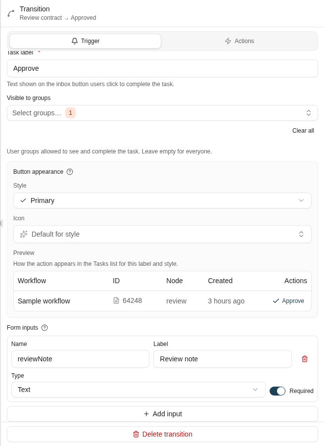 The Approve task requires a review note. Its input name becomes an instance variable.