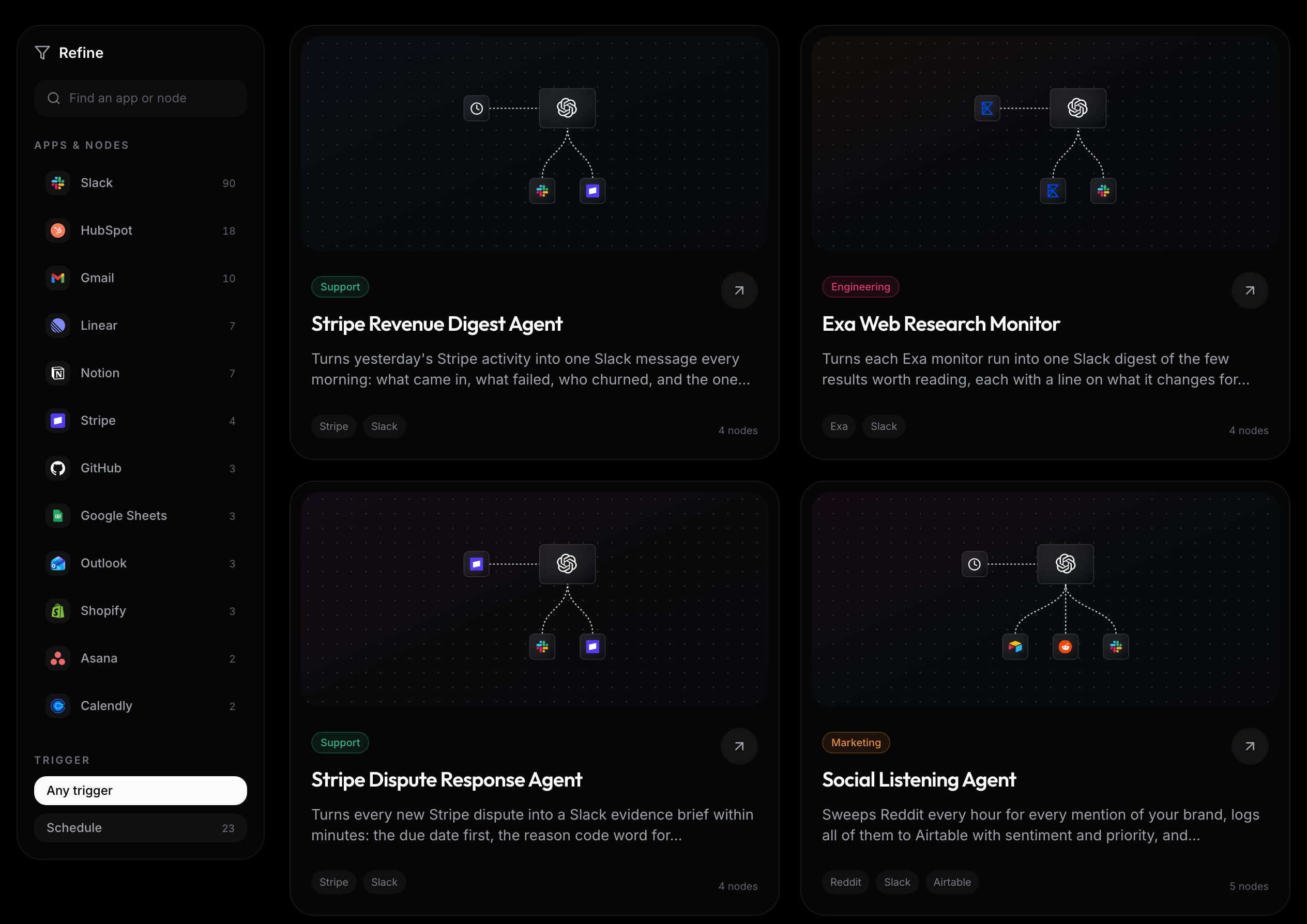 The Refine rail with its Apps and nodes list and Trigger filter, next to template cards that each show the template's real canvas