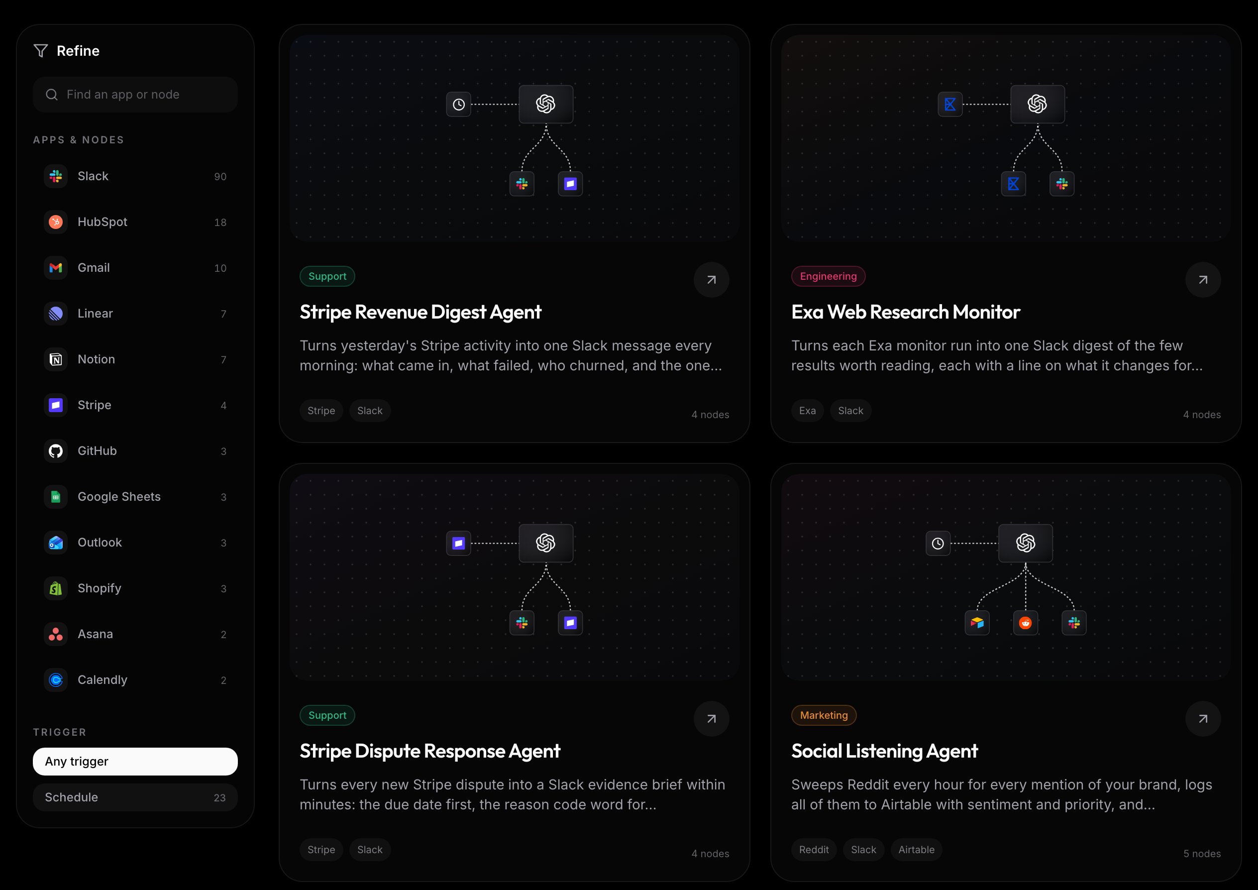 The Refine rail with its Apps and nodes list and Trigger filter, next to template cards that each show the template's real canvas