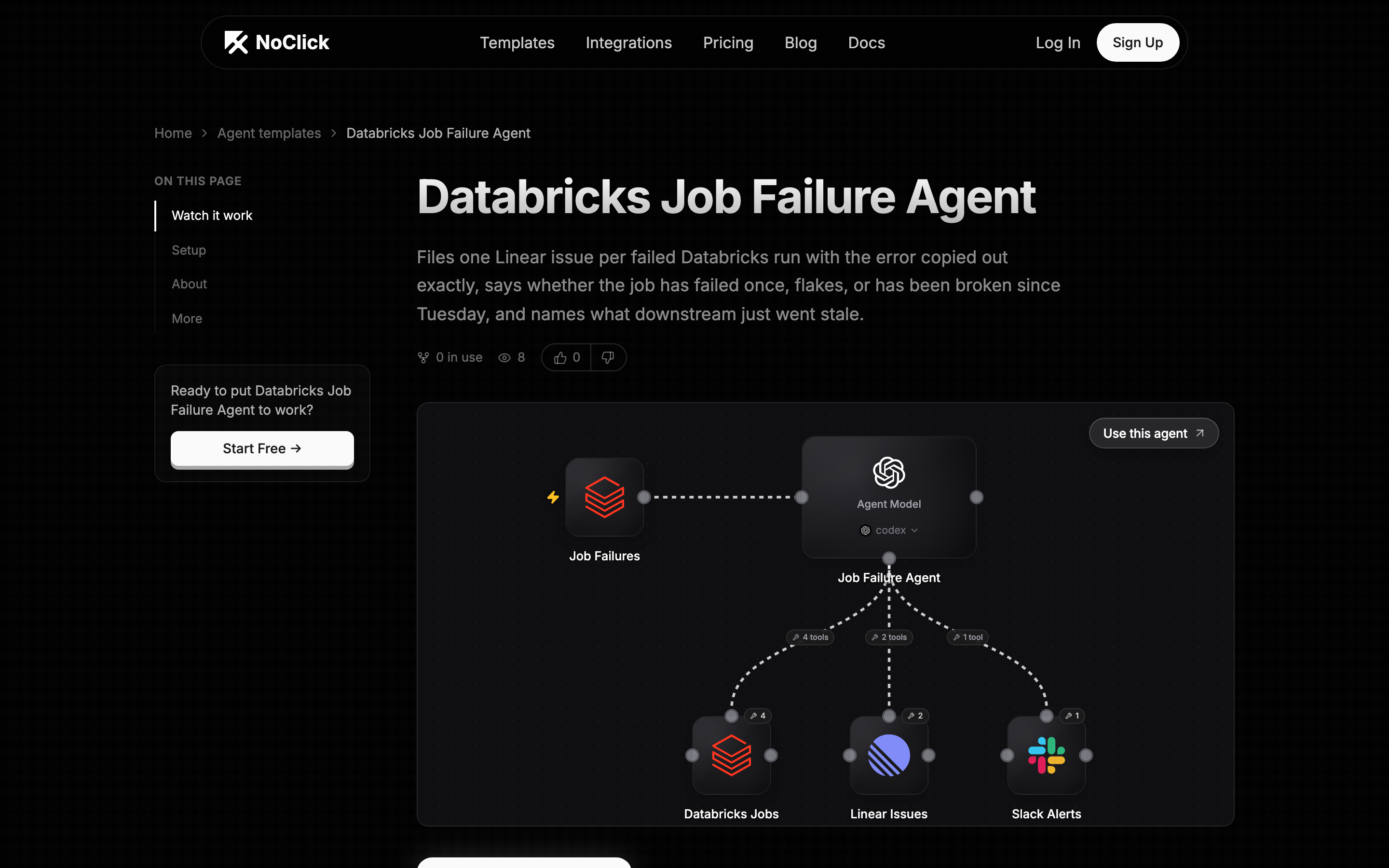 The Databricks Job Failure Agent detail page showing its description, usage stats, canvas preview, and Set up this agent action
