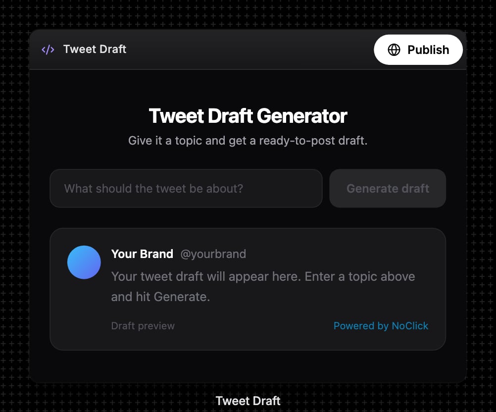 HTML/React interface block on the canvas with the Publish pill at the top right of its header
