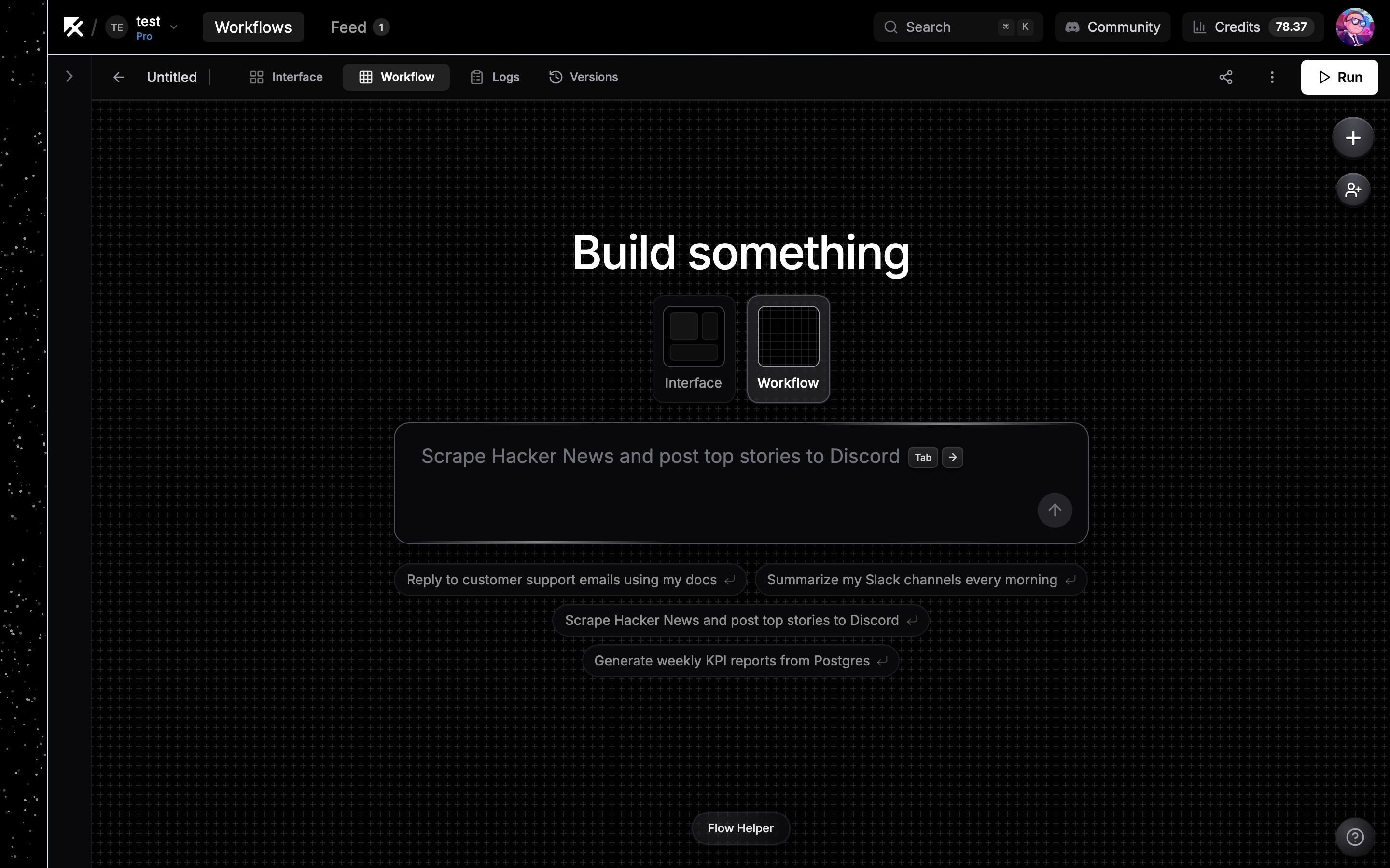 An empty NoClick canvas with the Build something prompt, Interface and Workflow modes, and example prompts