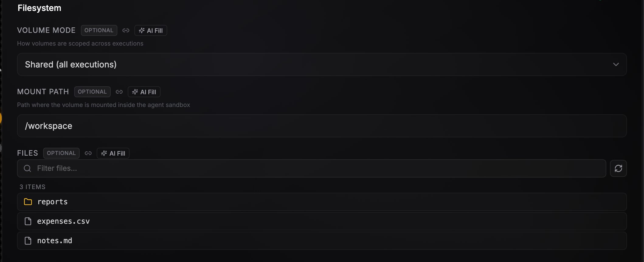 Filesystem node configuration panel