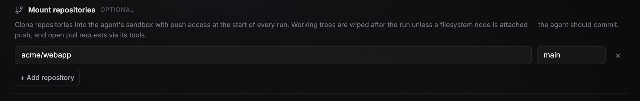 Repository mount rows with repo and branch pickers