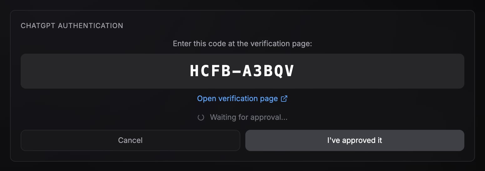 Codex device code authentication showing the code to enter at the verification page
