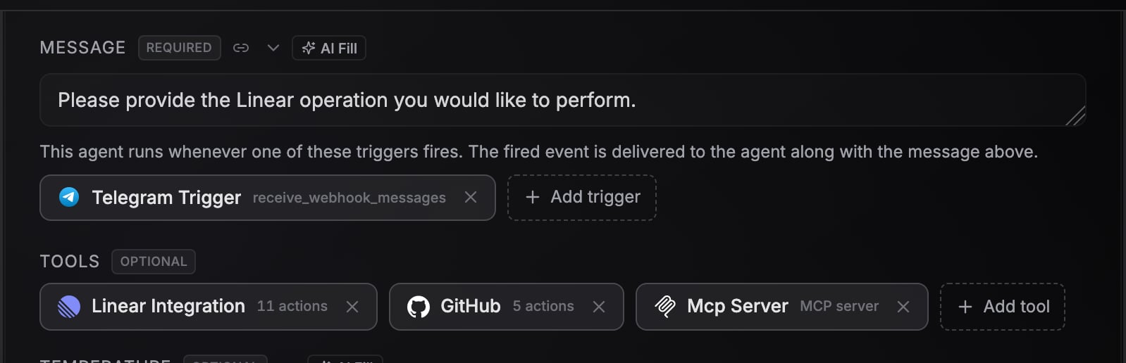 Agent configuration panel with triggers and tools