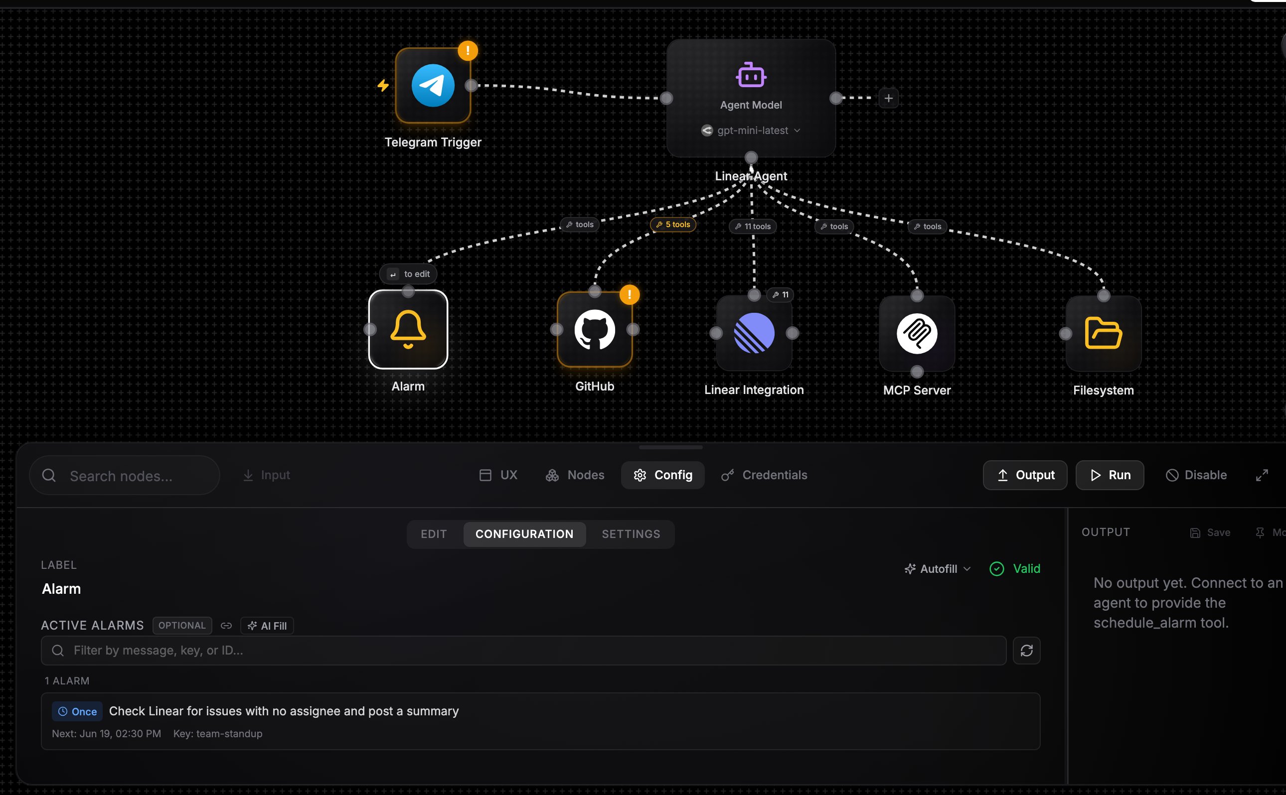 Alarm node connected to an agent showing scheduled alarms