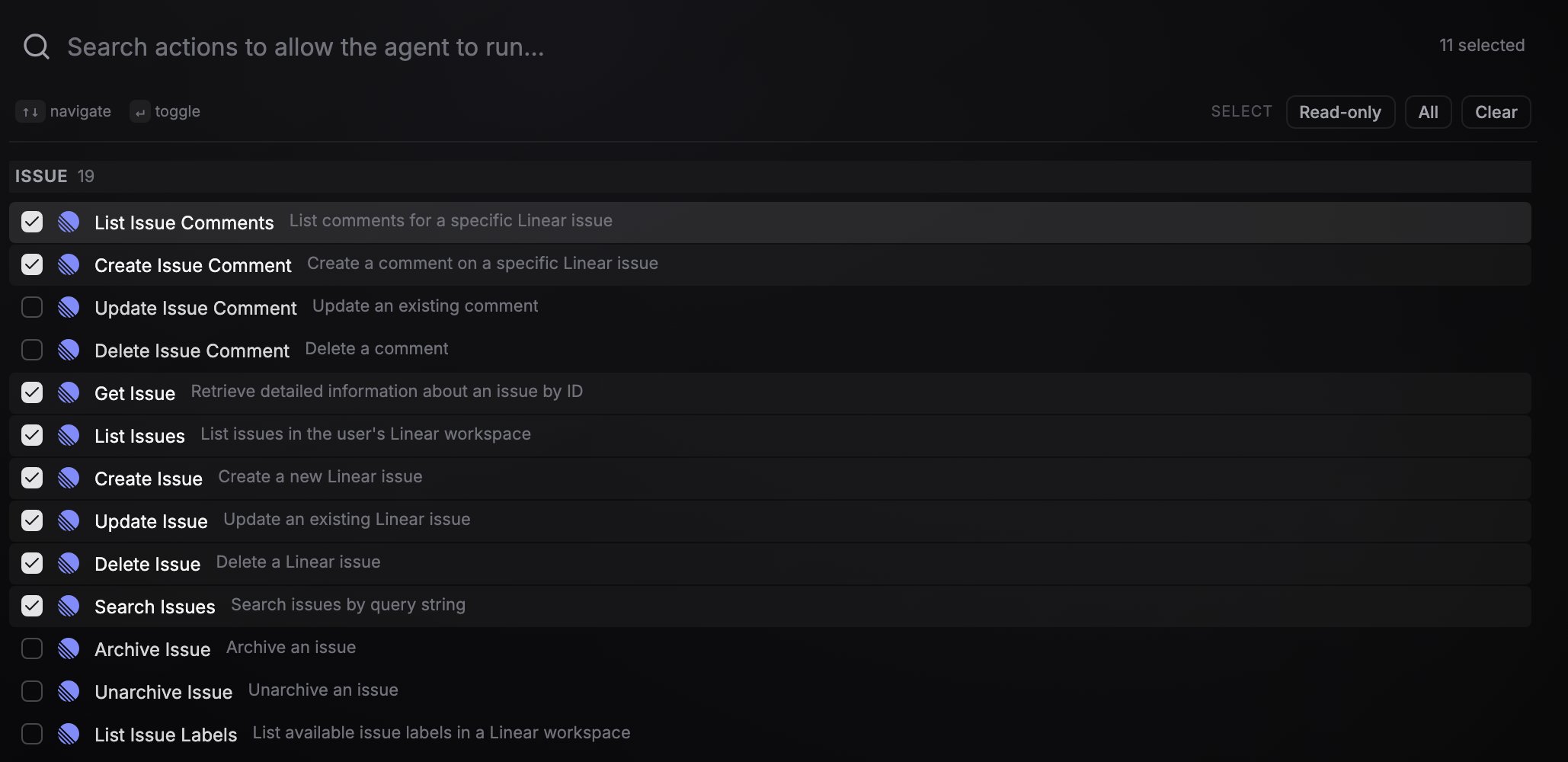 Operation allowlist panel for a tool provider node