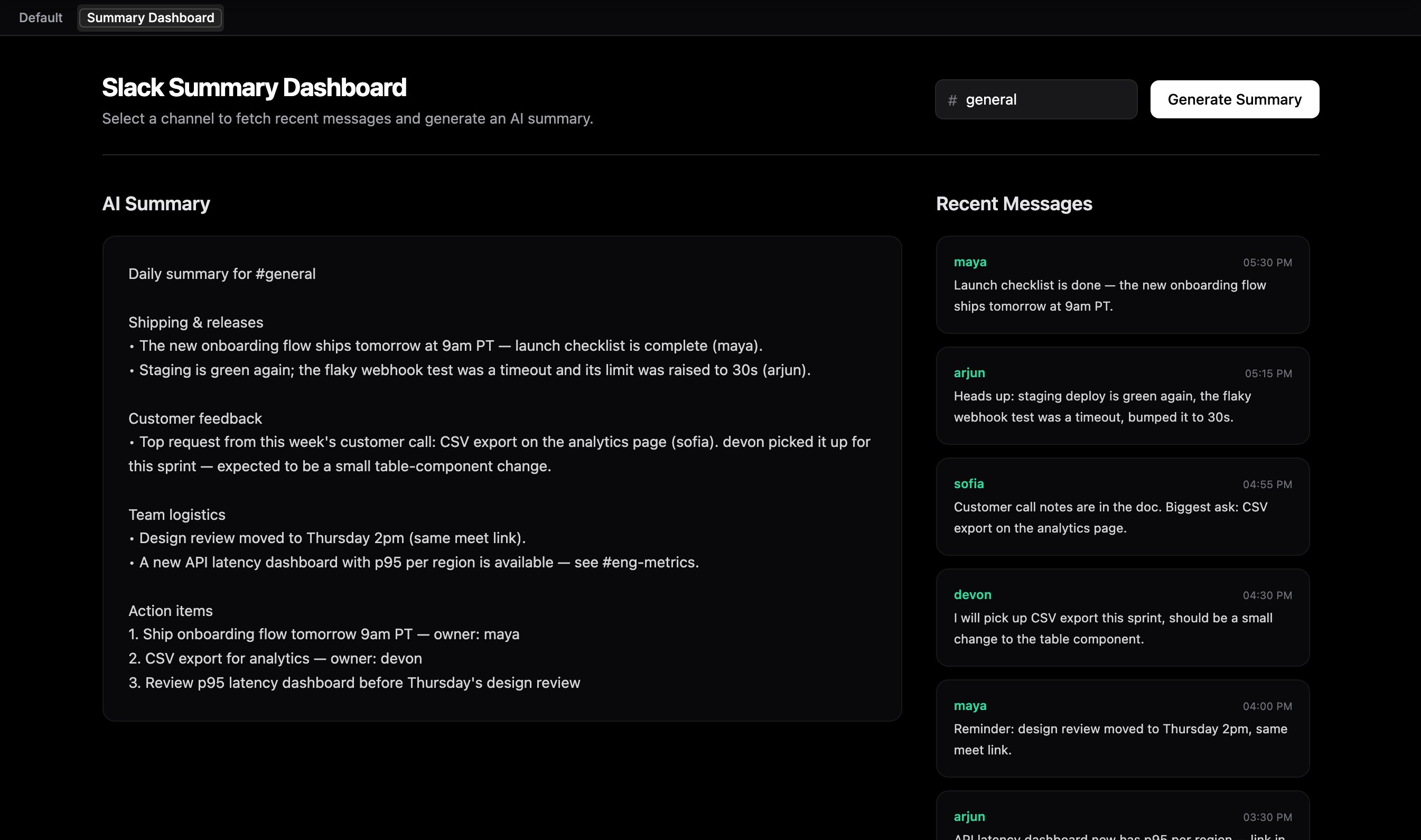 Fullscreen HTML/React block with tab bar showing Default and component tabs