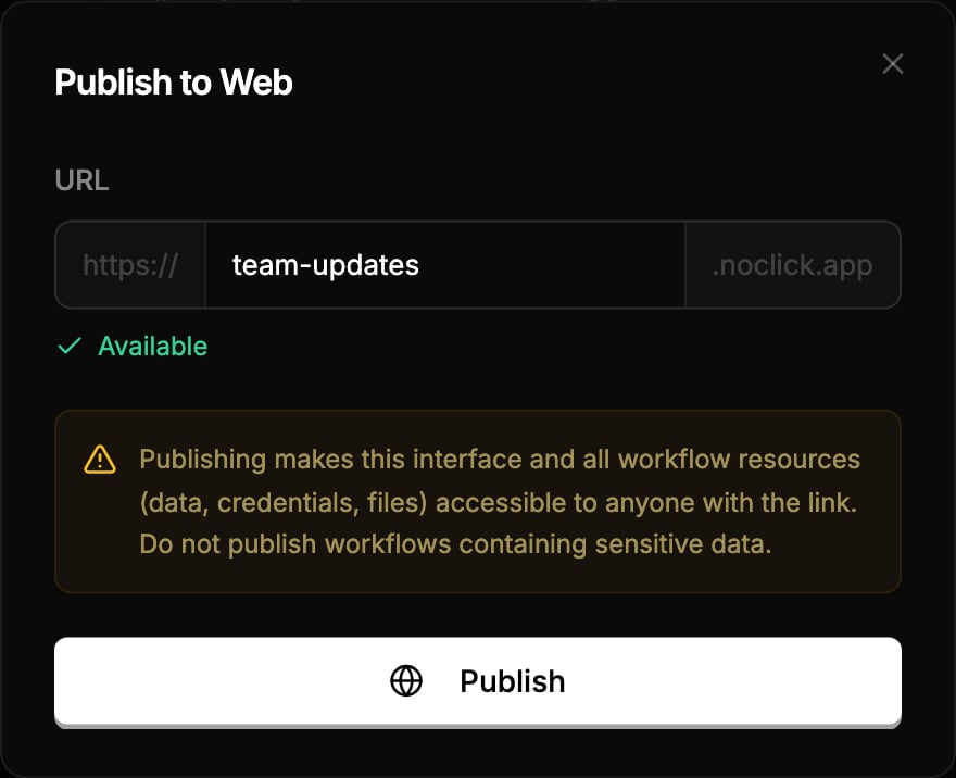 Publish to Web dialog showing subdomain input and Available status