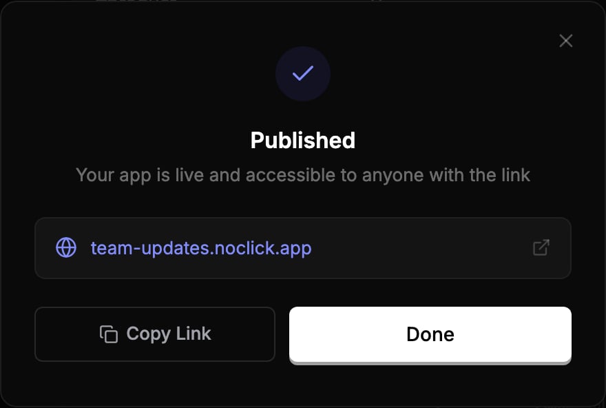 Published success state with the app URL and Copy Link button