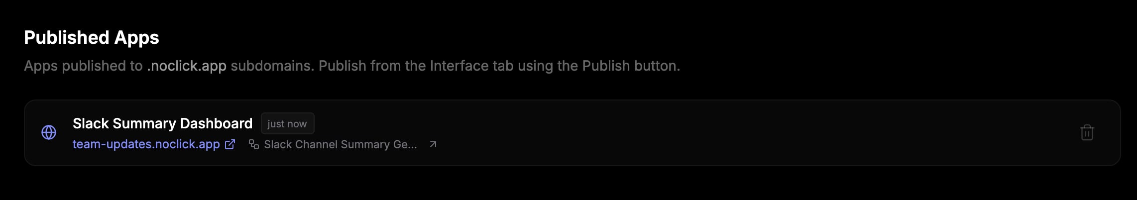 Published Apps settings page with a list of published apps
