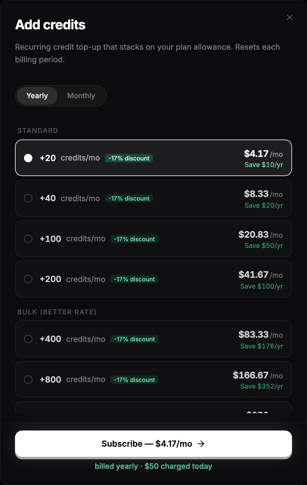 Add credits dialog showing recurring top-up tiers with prices and discounts