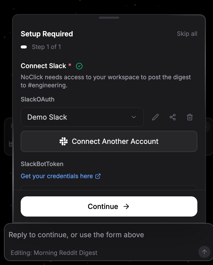 Builder ask form showing an inline credential connection step
