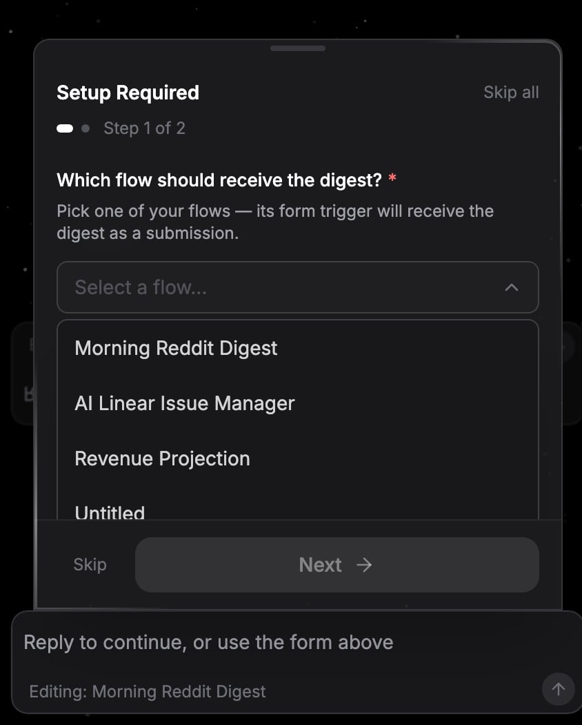 Builder ask form with a live option picker open