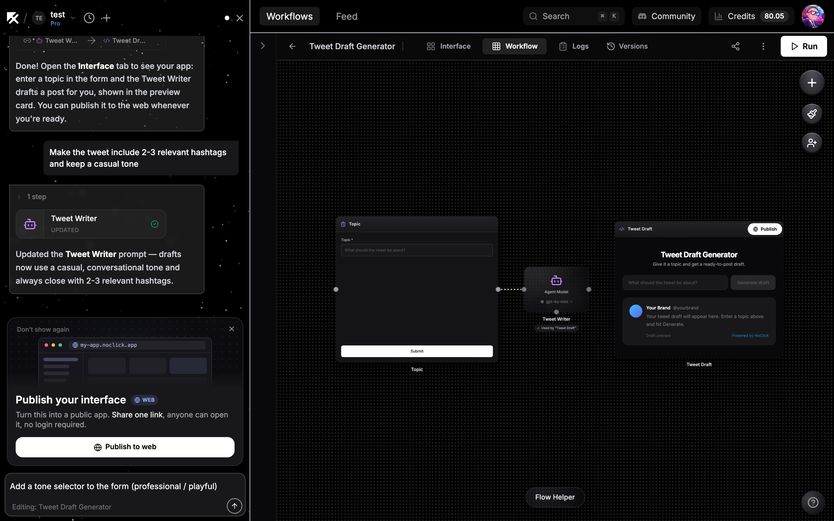 Chat sidebar applying an edit to the open workflow on the canvas