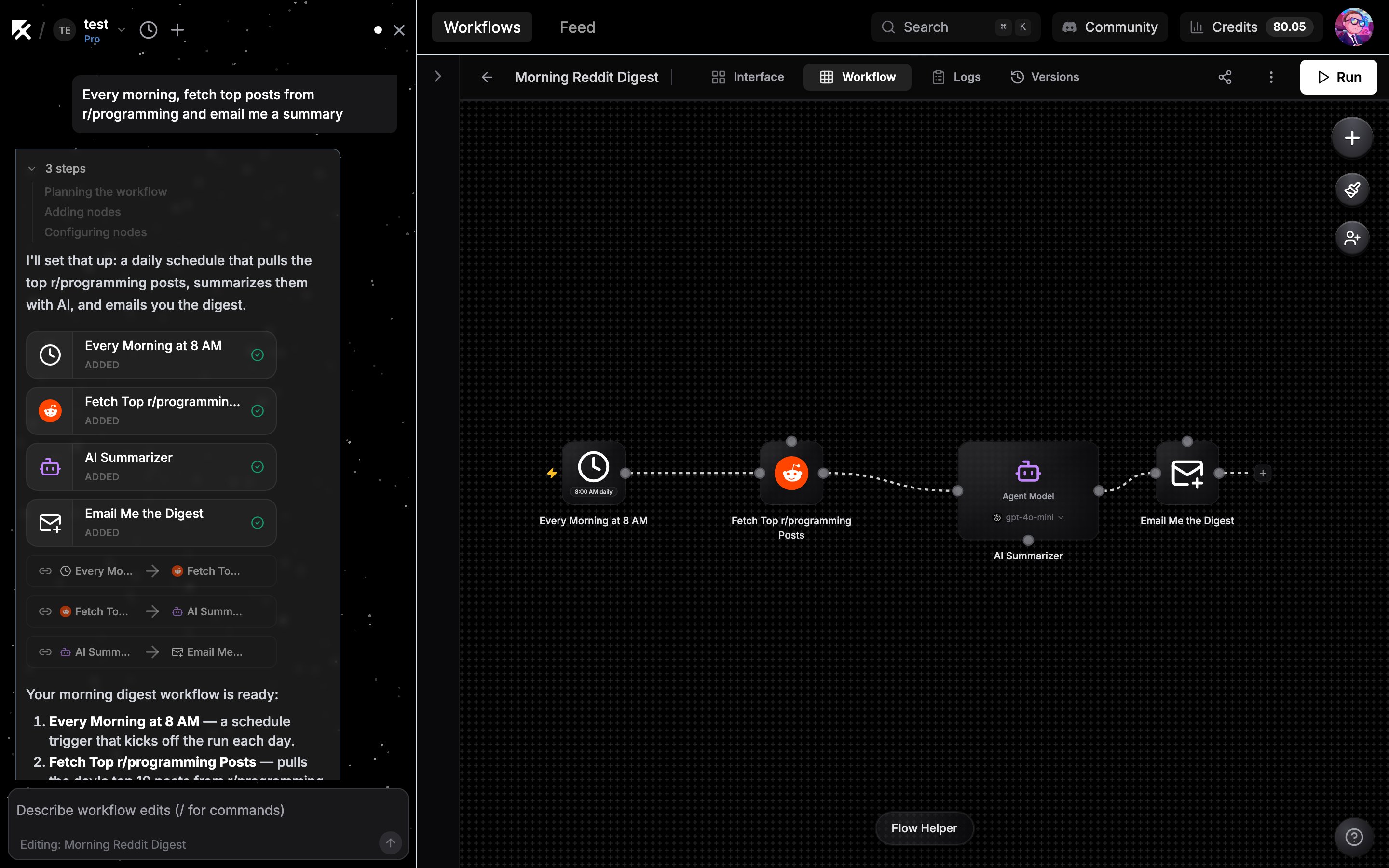 Chat sidebar with a build in progress next to the workflow canvas