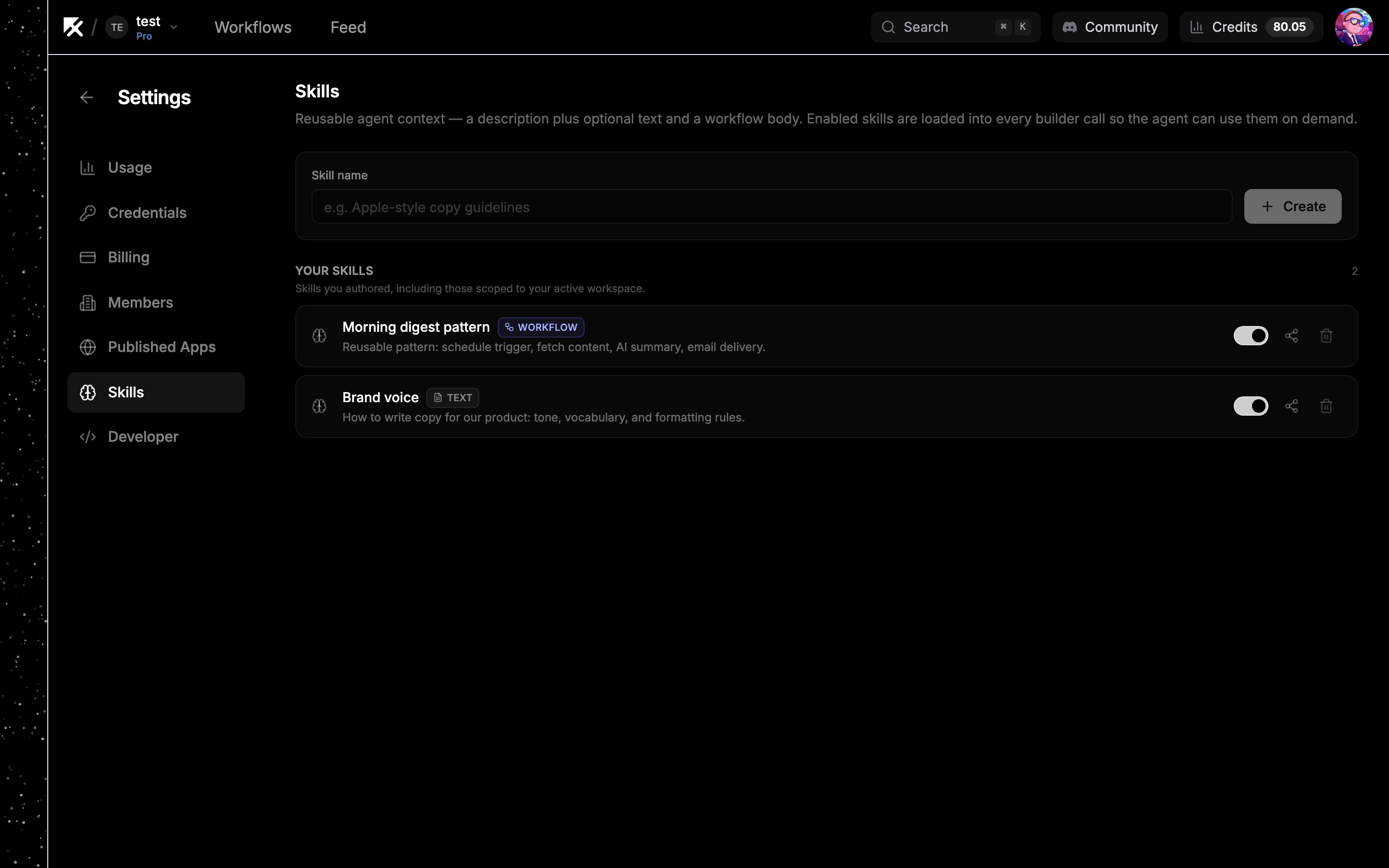 Settings page showing the Skills list with create form and toggles
