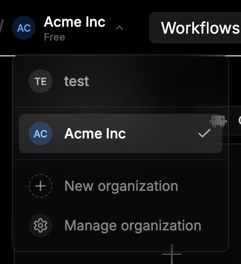 Workspace switcher dropdown listing the personal workspace, an organization, and the New organization option