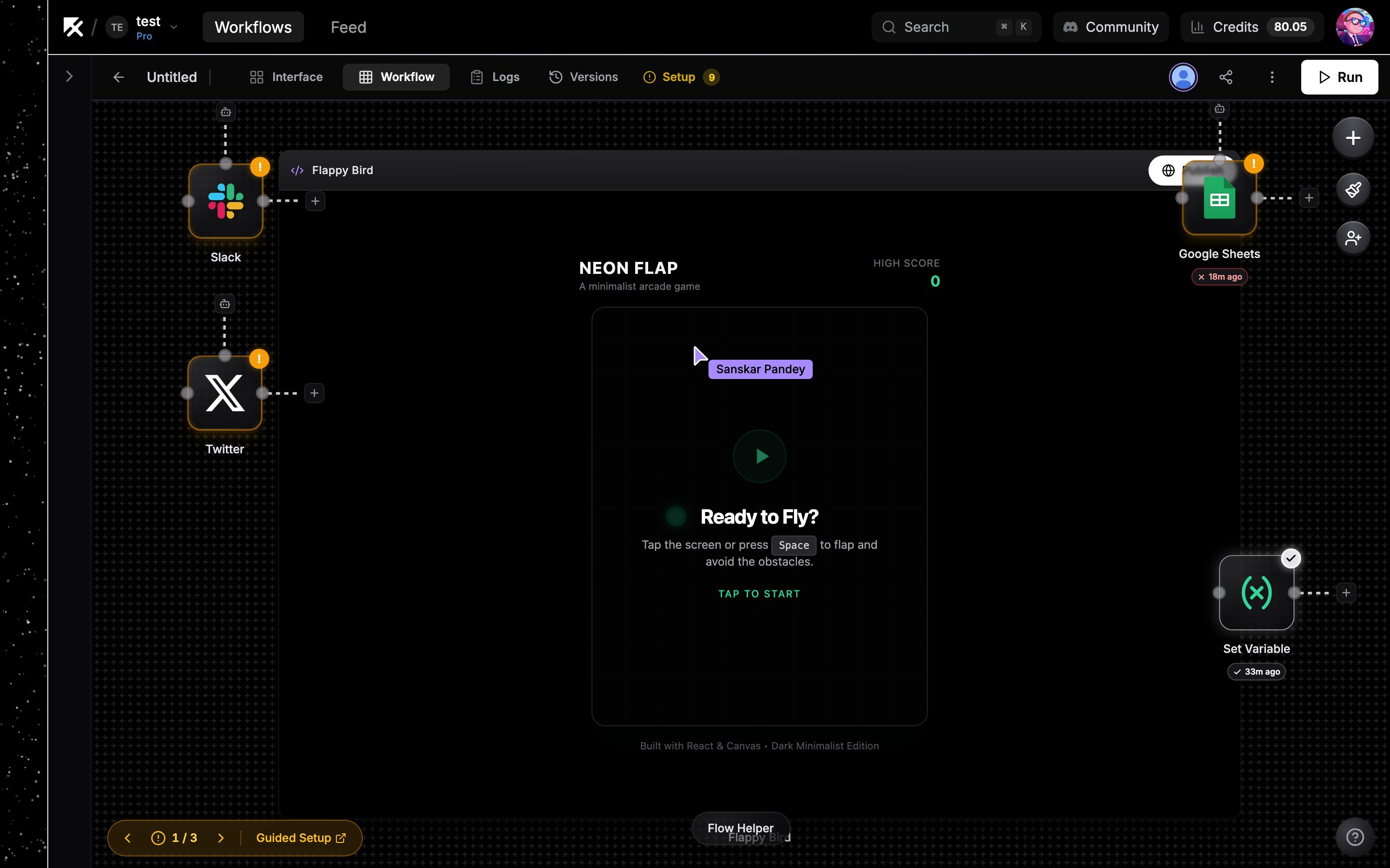 Workflow canvas with collaborator avatars next to the Run button and a colored, named cursor