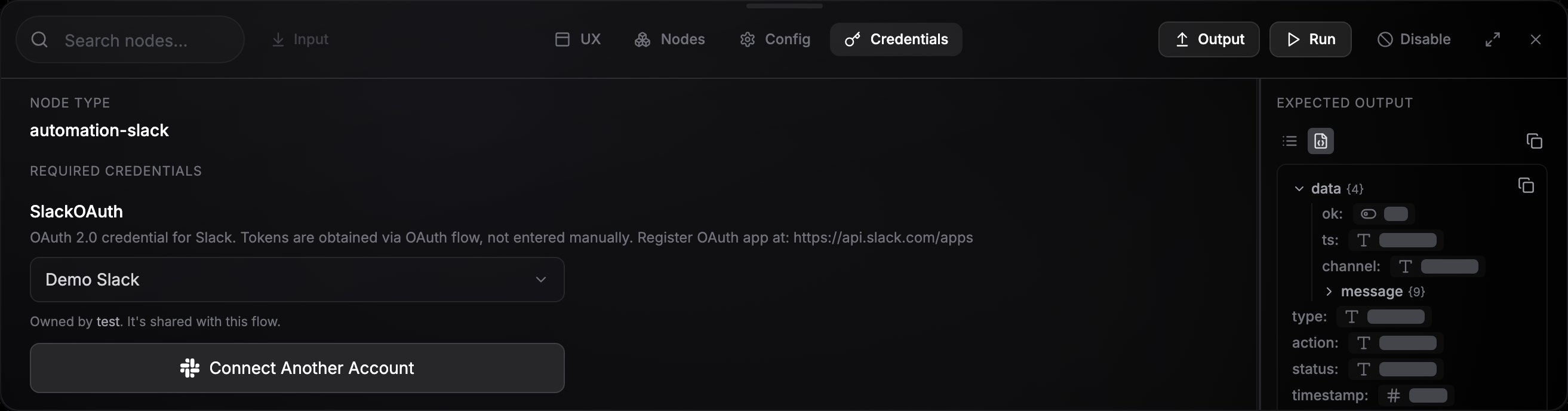 Node credential panel showing a credential owned by the workflow owner