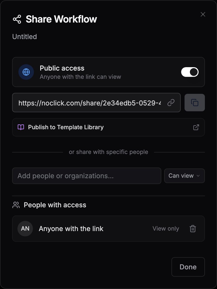 Share Workflow dialog showing the Public access toggle, the public link, and the recipient input