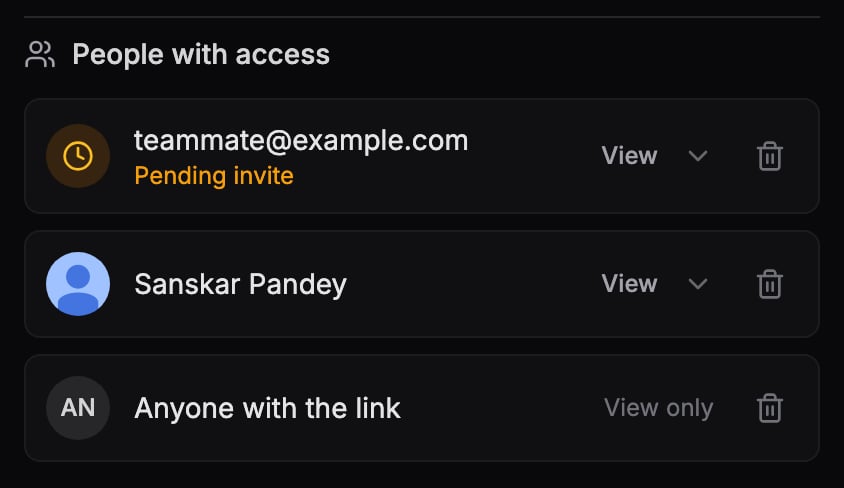 Share dialog access list with permission dropdowns and a pending invite entry