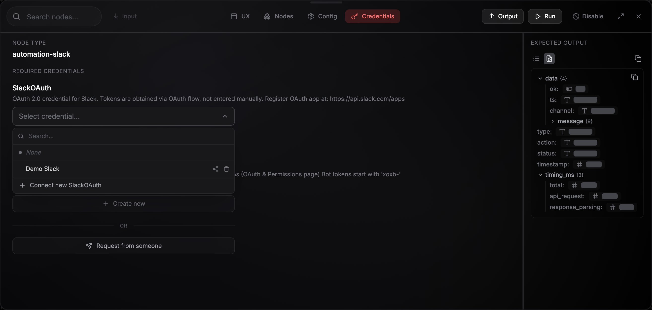 Node credentials tab with the credential picker open