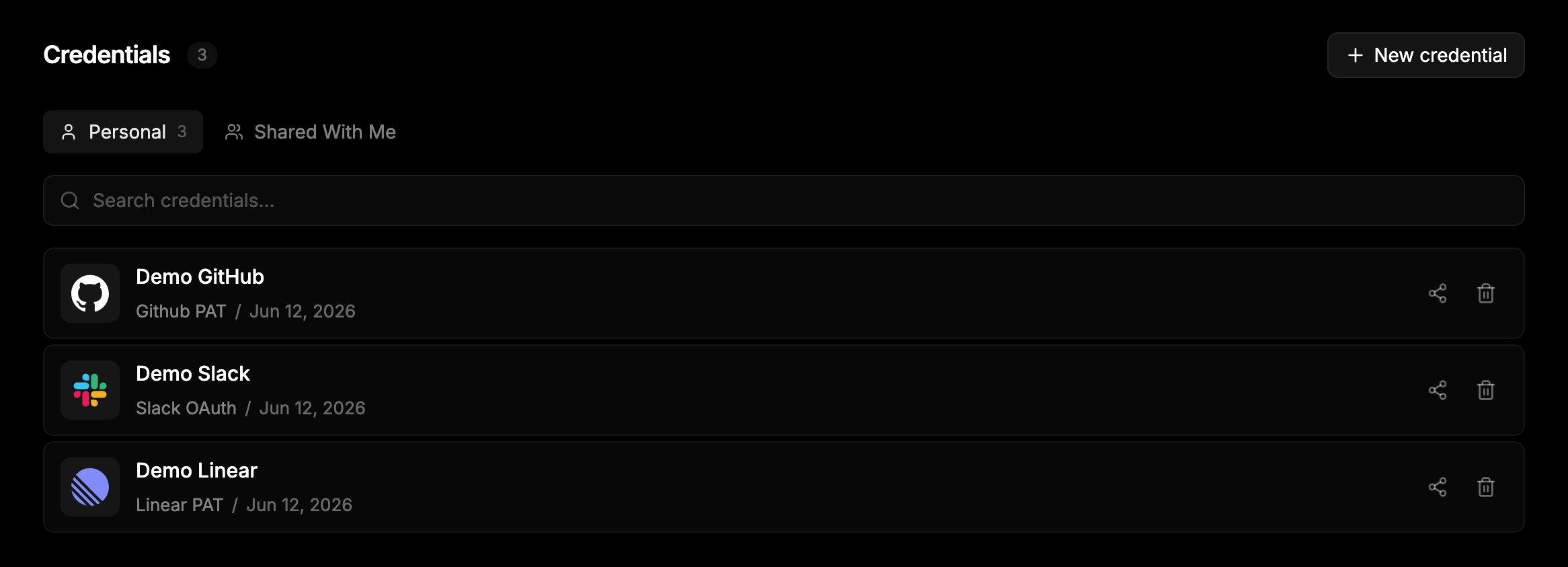Credentials settings page with personal and shared tabs
